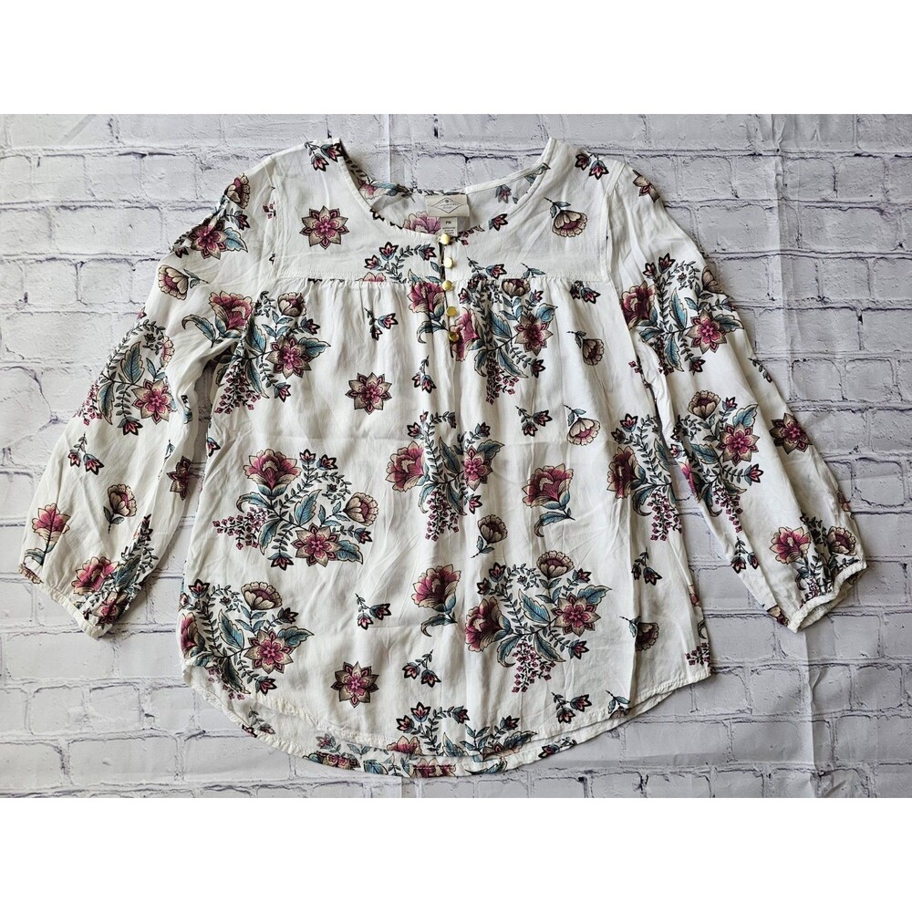 St. John’s Bay Women’s Blouse‎ PM White Floral Long Sleeve 100% Rayon Boho Style